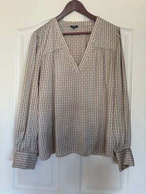 Express Beige and Black Printed V-Neck Blouse